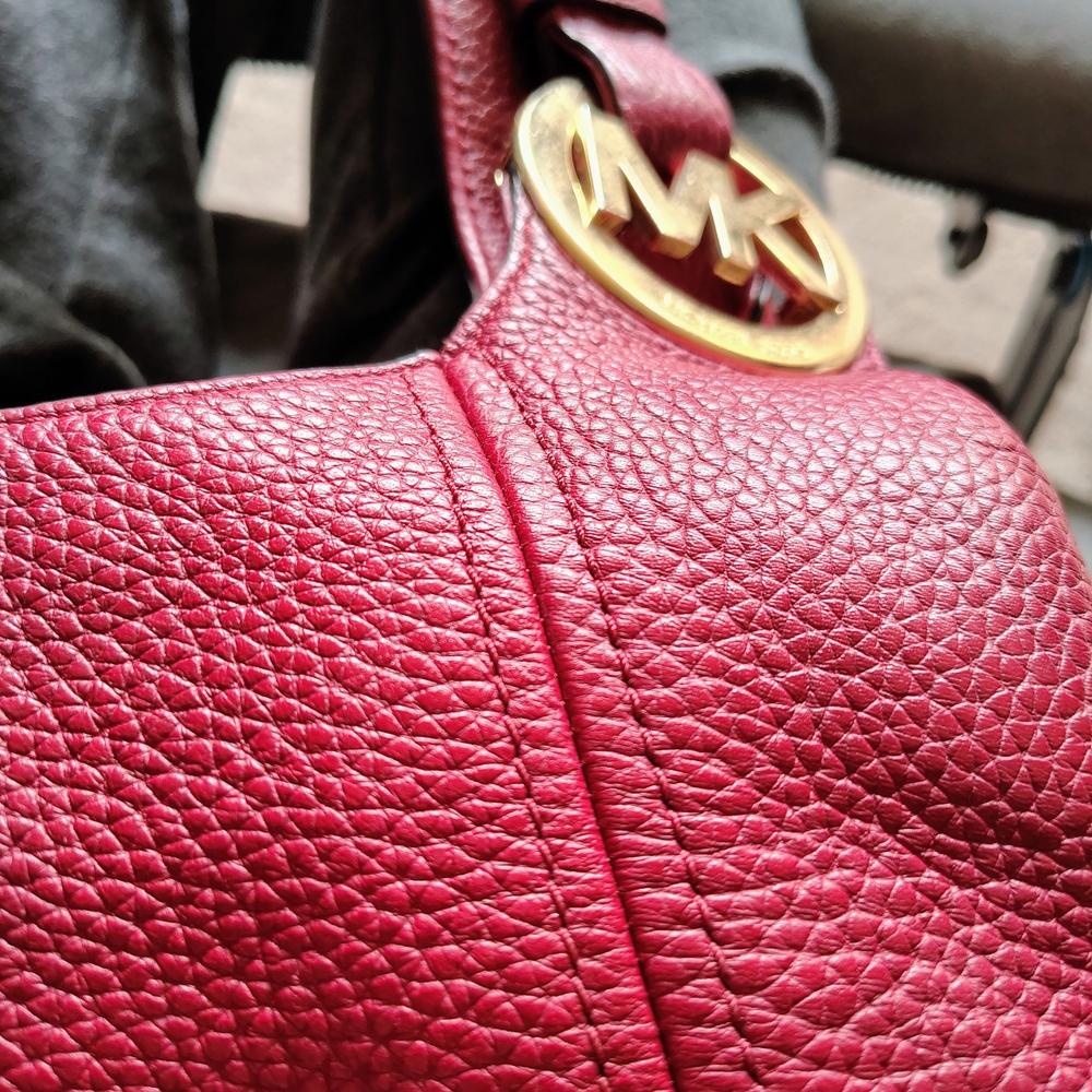 Michael Kors Red Pebbled Leather Hobo Shoulder Bag with Gold MK Logo - Picture 2 of 16
